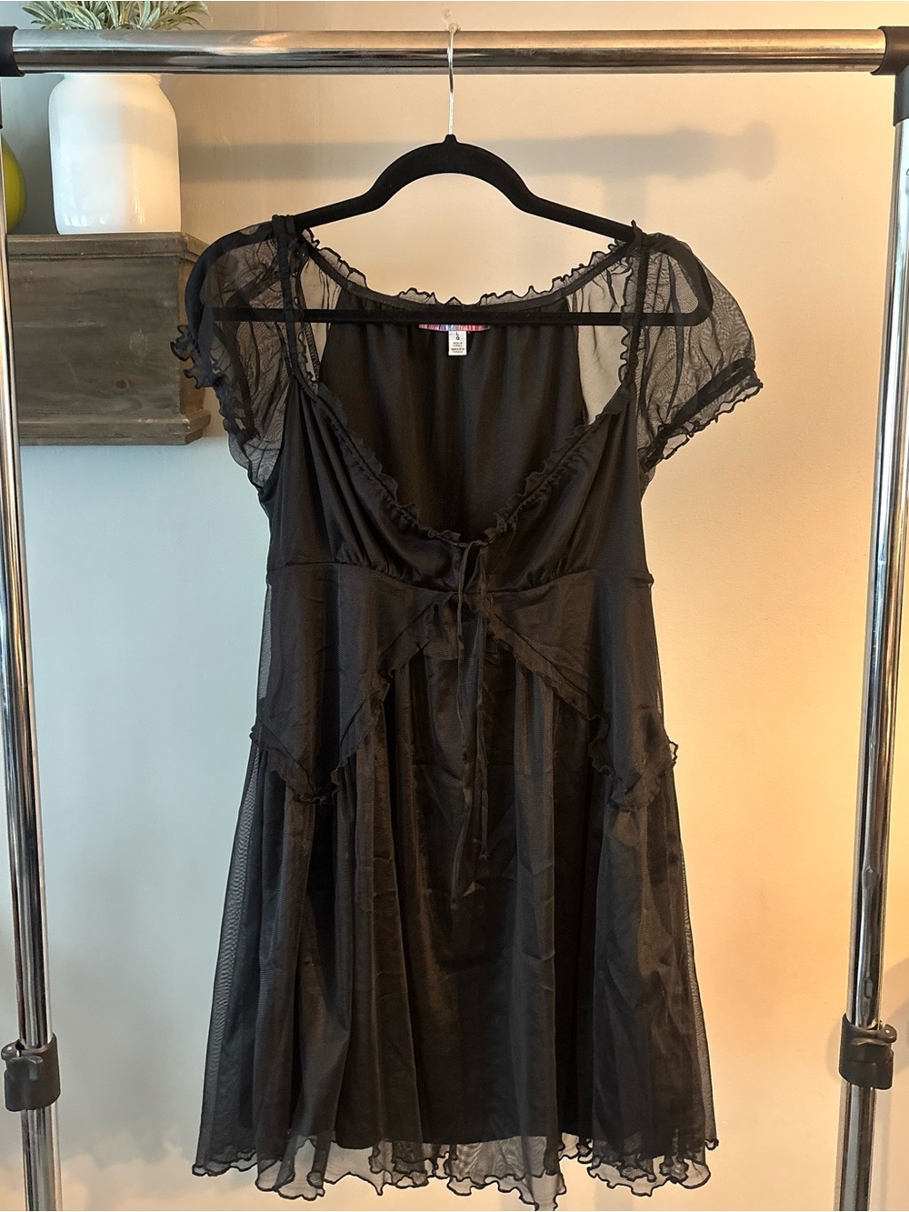 Urban Outfitters Black Sheer Ruffled Slip Dress  Sammy Mesh Mini Dress-L